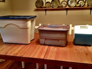3 containers, filled with goodies. Each container/cooler cost $2